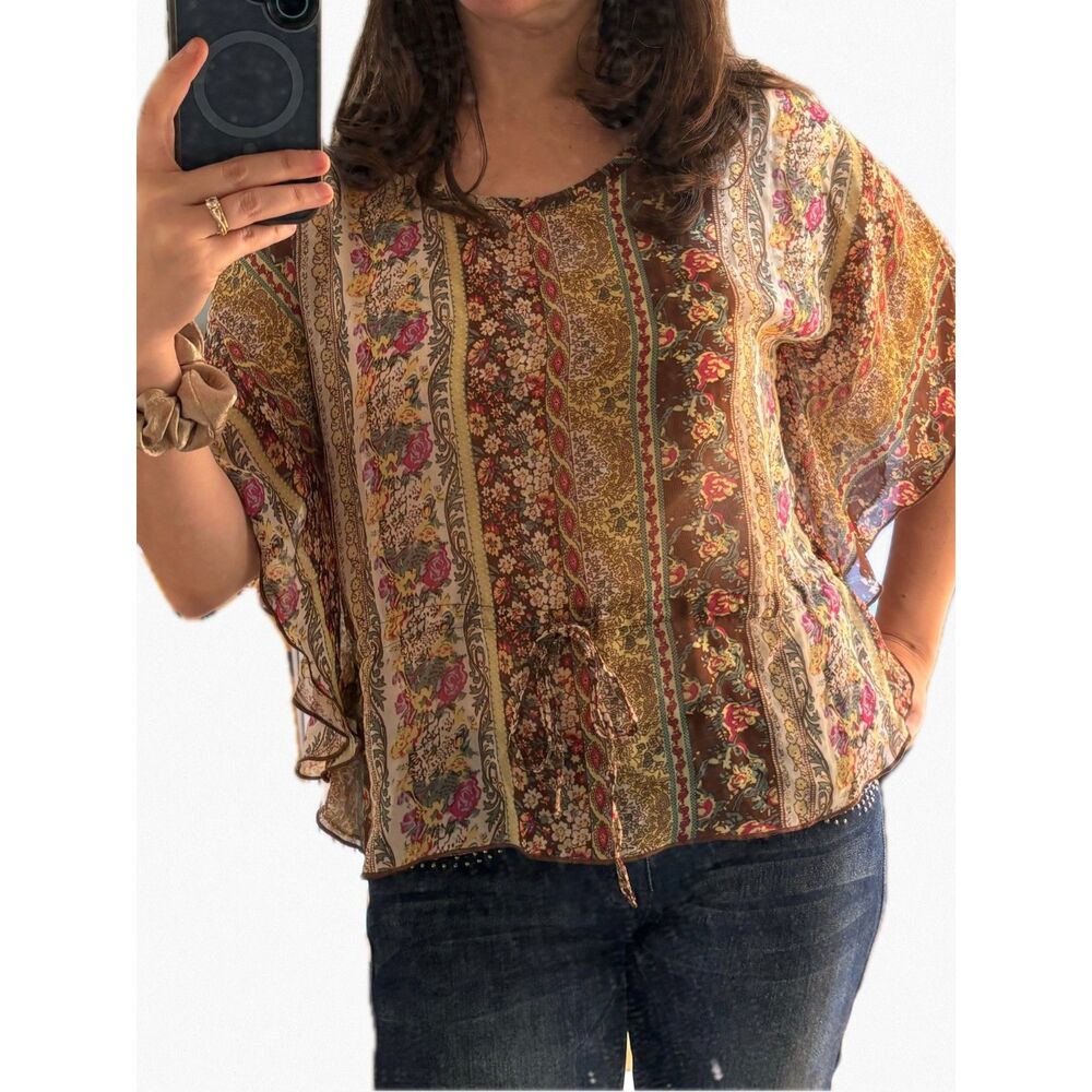 Paisley Chiffon Sheer Flutter Blouse M Ditsy Floral Y2K Boho Festival Cottage - Picture 10 of 12